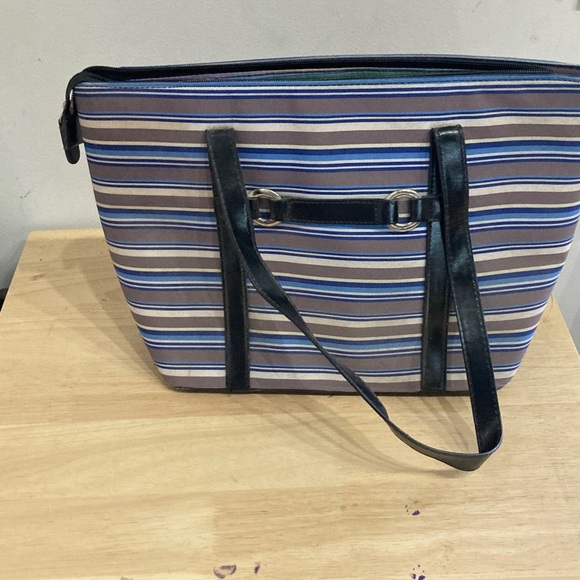 Vintage Y2K Kate Spade Blue and Brown Striped Handbag - Picture 8 of 9